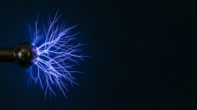 Electric discharge plasma arcs and purple lightning bolts from tesla coil sphere