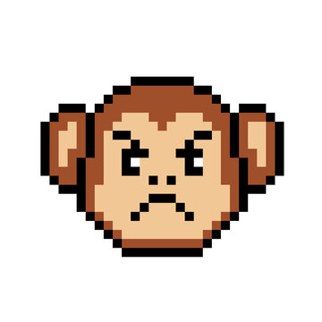Pixel art angry monkey face icon isolated