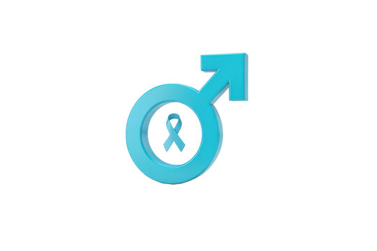 3 d render of a light blue male gender symbol featuring a prostate cancer awareness ribbon in the center isolated on a transparent background