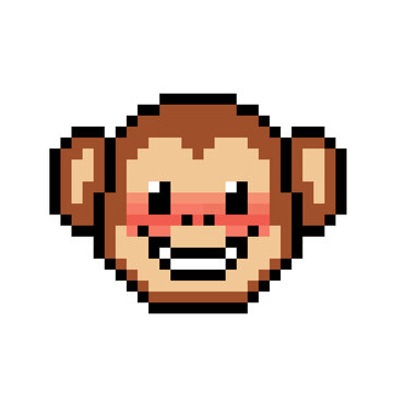 A shy-looking monkey head emoticon in pixel art style.