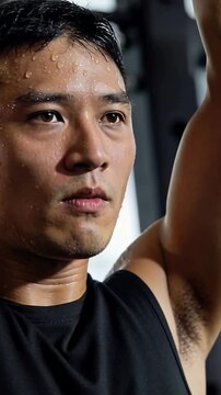 Vertical video: Gripping EZ bar, Asian man wearing tank top doing rep at power rack for strength