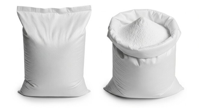 Two blank white polypropylene sacks of flour on a clean isolated white background for industrial food packaging design