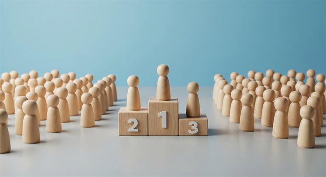 Wooden peg dolls on winner podium with crowd, business competition and leadership concept, success and ranking concept
