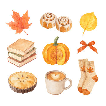 Autumn Watercolor Collection &ndash; Pumpkin, Apple Pie, Cinnamon Rolls, Coffee, Maple Leaves, Books and Socks