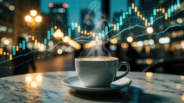 Steaming cup of coffee with latte art sits on marble table. Blurred city lights, glowing digital stock market charts overlay urban night scene. Financial data graph shows trading trends, economy