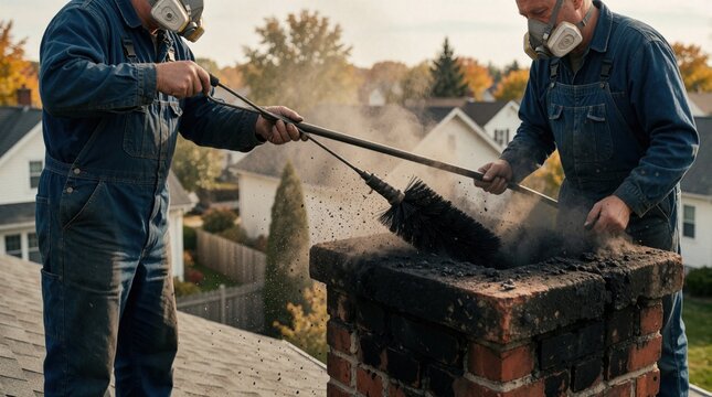 Two chimney swepic in protective masks clean brick chimney on roof. They use brushes to remove soot and debris preventing house fires. Essential home maintenance work.