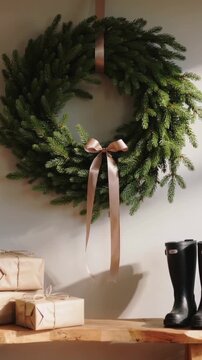 Vertical video: Swaying wreath and ribbon from light shift above entry bench, with gifts and boots