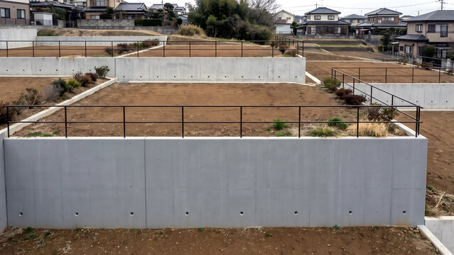 段差のあるコンクリート擁壁で区切られた造成中の宅地群