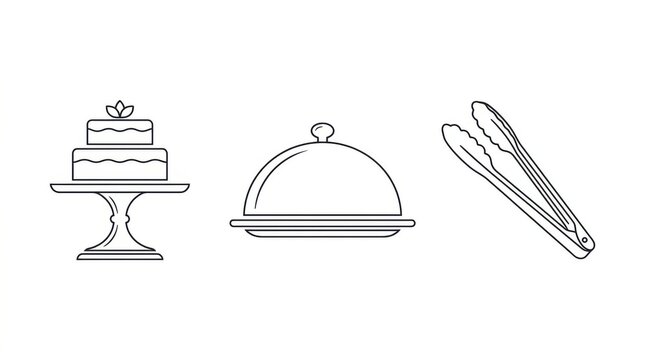 Set of bakery and restaurant icons with cake and tongs