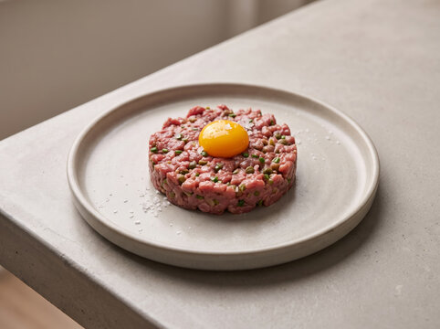 Gourmet beef tartare with raw egg yolk and capers on ceramic plate