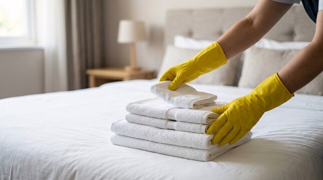 Close-up of a housekeeper wearing bright yellow gloves arranging a fresh stack of folded white bath towels on a clean hotel bed.