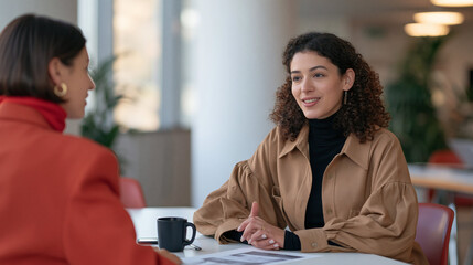 Obraz premium Interview in progress: Two women in professional attire engage in a conversation, likely during a job interview, with one woman actively listening and the other speaking.