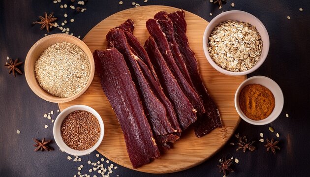 beef jerky strips arranged on a wooden board with spices and oats