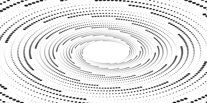Abstract radial pixelated halftone pattern. Circular pixel explosion background. Rotating scattered dot dashed texture overlay bg. Vector radial spinning backdrop. Fading round fragment wallpaper