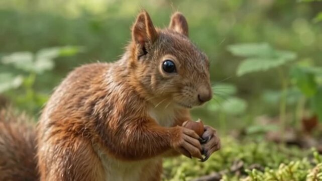 Red Squirrel Nibbling Nut: A charming red squirrel pauses amidst a forest floor carpeted with moss and fallen leaves, delicately holding a nut in its paws.