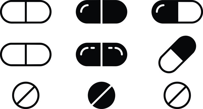 Collection of pharmaceutical medicine pills and capsule icons rendered as flat vector graphic on transparent background