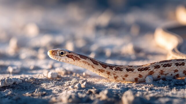 A close-up shot of a gopher snake slithering across a sandy, textured surface.