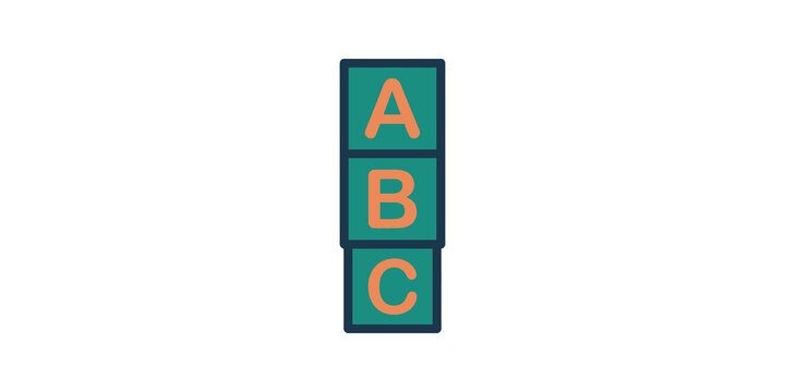Stack of ABC toy blocks in teal and orange for elementary education.