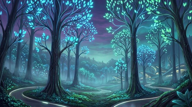 Tall trees with luminous blue leaves line a glowing winding path toward curved futuristic buildings under a violet dusk, imagining a serene sci-fi forest utopia