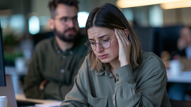 Anxiety in the Office: A stressed woman with her hand on her temple sits at her desk, overwhelmed by work, while a man in the background observes with concern.