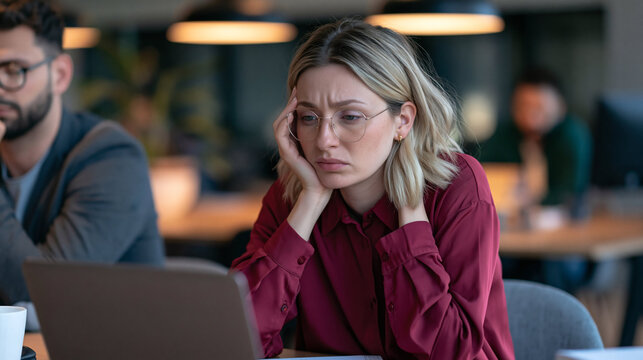 Stressful Office Environment: A woman looks worried while sitting in front of a laptop in a busy office, with colleagues blurred in the background.