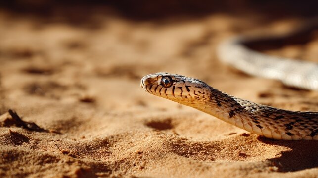A close-up shot captures a striking European adder snake resting on a sandy desert floor.