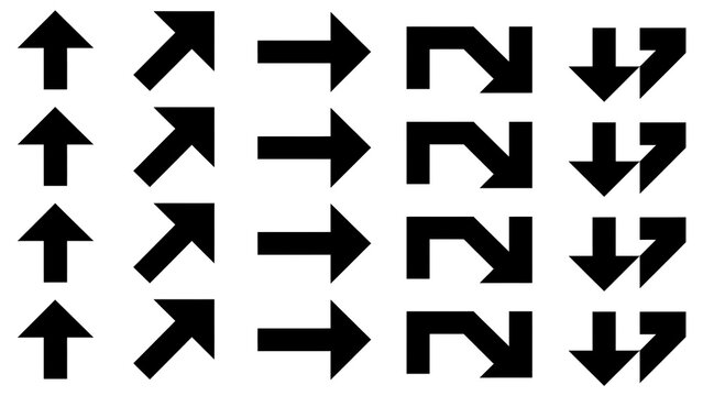 Set of black directional arrow symbols for interface design and signage navigation with navigation direction pointing interface pointers collection