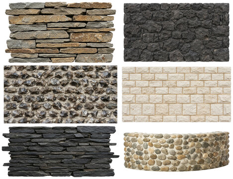 A collection of varied stone wall surfaces including slate, basalt, limestone, flint, flagstone, and river pebbles.