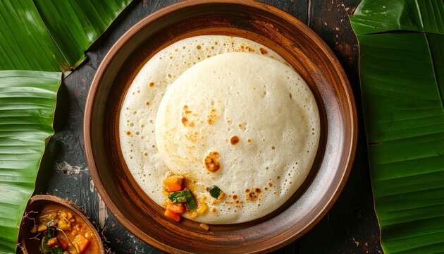 Kerala Style Soft Appam Bread Served with Spiced Vegetable Stew on Banana Leaf