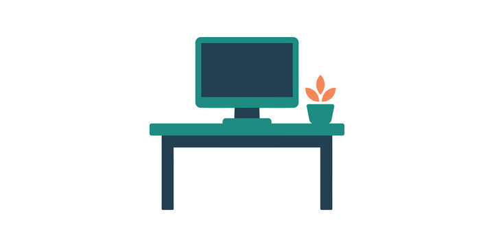 Desktop computer on green office desk vector illustration element.