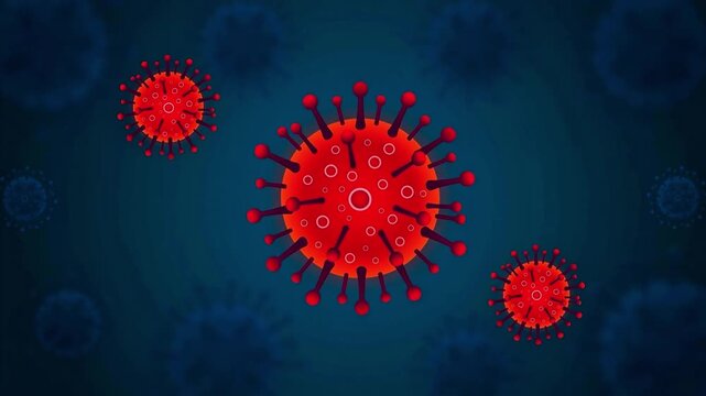 3D animated red coronavirus cells floating against a dark blue background, representing viral infection, pandemic outbreak, and microscopic medical science concepts

