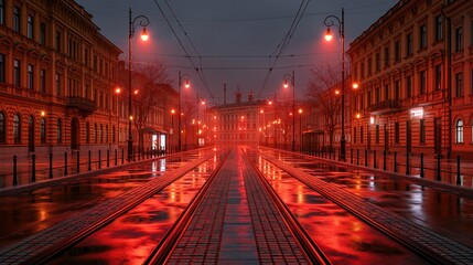 Obraz premium Rainy city street at night with tram tracks reflecting red streetlights and historic buildings
