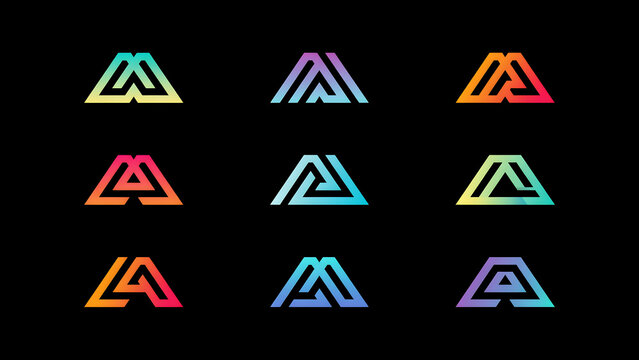 Set of nine modern gradient letter a geometric logo designs on black background with alphabet geometric gradient branding identity abstract creative typography template business minimalist