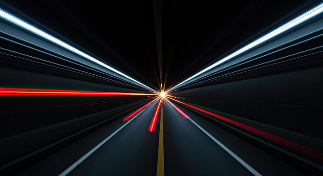 A long tunnel is illuminated by streaks of light, creating a dramatic effect. A road stretches into the distance, marked with white and yellow lines.