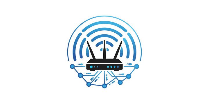 Wireless router network icon with blue connectivity mesh for data access.