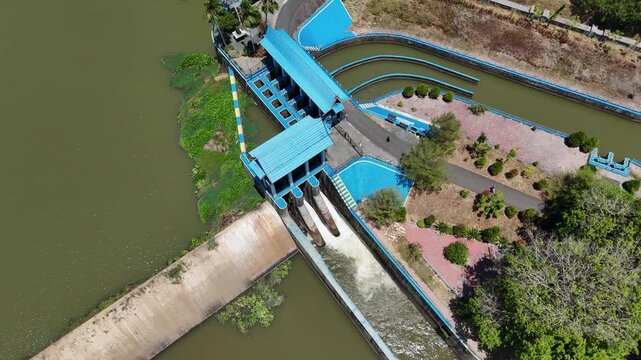 Low water levels at Karang Intan Dam seen from above during the dry season in South Kalimantan
