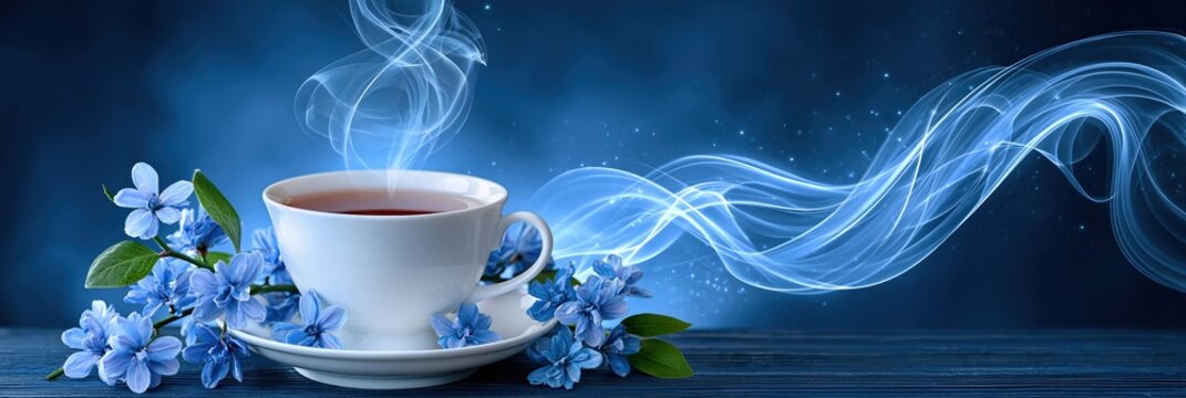 Steaming cup of tea with blue flowers and ethereal blue light waves on a dark blue background