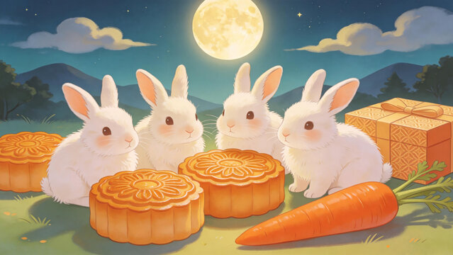 White rabbits enjoying moon with mooncakes