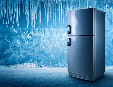 frozen fridge full of ice stand near iced wall advertise banner concept background with space for text