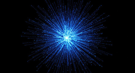 Fototapeta premium A brilliant blue explosion radiates outward from a central point. Numerous tiny, shimmering particles stream away from the core, creating a dynamic and energetic visual effect.