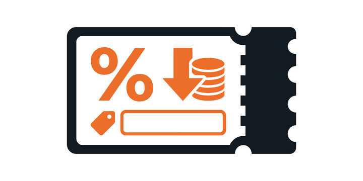 Discount coupon voucher icon with percentage and price reduction.