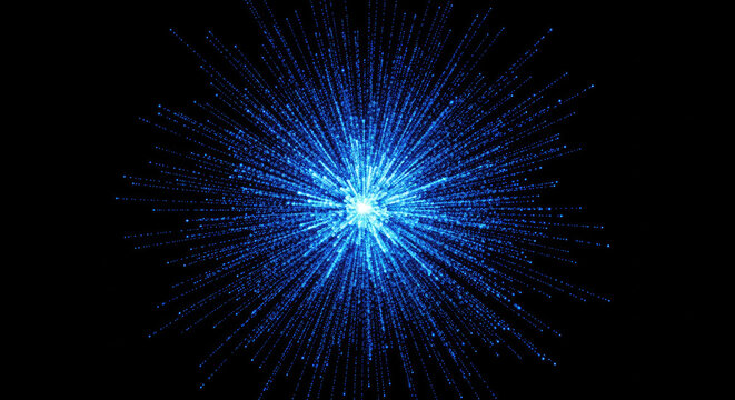 A brilliant blue explosion radiates outward from a central point. Numerous tiny, shimmering particles stream away from the core, creating a dynamic and energetic visual effect.