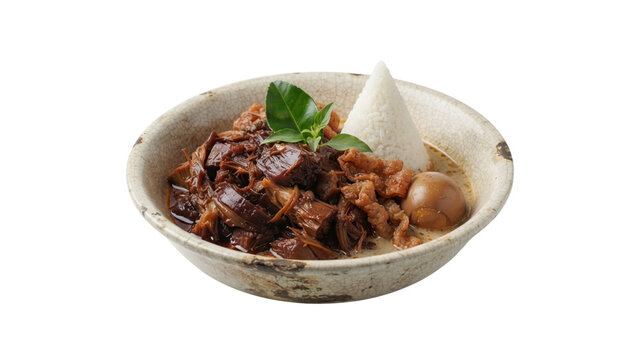 Authentic Indonesian Jogja style Gudeg with young jackfruit stew, braised egg, and cone-shaped steamed rice in a ceramic bowl