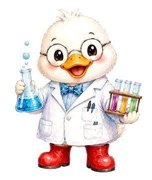 Cute duck scientist wearing lab coat and glasses holding chemistry flask and test tubes isolated on white background