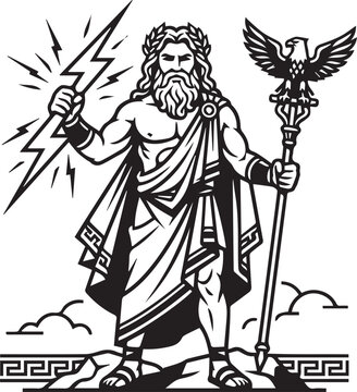 Zeus Greek god of sky holding lightning bolt and eagle staff vector illustration isolated