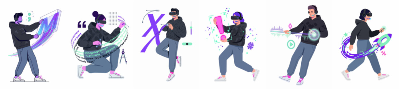 Collection of six stylized illustrations showing people wearing VR headsets and interacting with various digital and futuristic virtual elements in a flat design style.