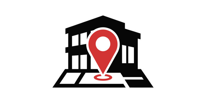 Black house silhouette with red map location pin for property.