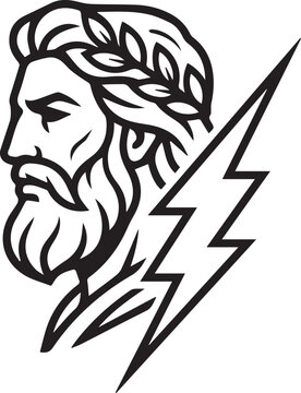 Zeus Greek god profile portrait mascot with lightning bolt vector illustration isolated