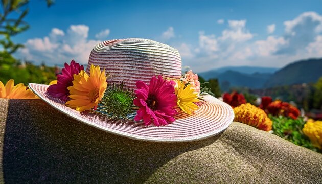 vibrant summer floral hats adorned with colorful flowers and lush greenery on a sunny day
