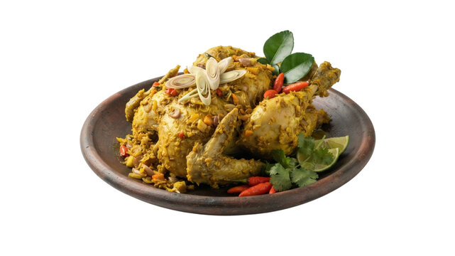 Authentic Balinese whole spiced chicken Ayam Betutu served on a traditional earthenware plate with fresh herbs and chili peppers